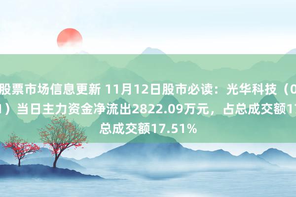 股票市场信息更新 11月12日股市必读：光华科技（002741）当日主力资金净流出2822.09万元，占总成交额17.51%