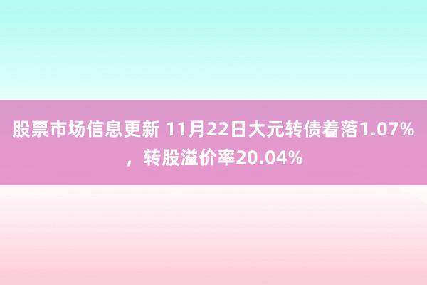 股票市场信息更新 11月22日大元转债着落1.07%，转股溢价率20.04%