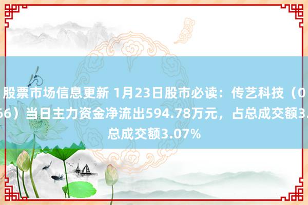 股票市场信息更新 1月23日股市必读：传艺科技（002866）当日主力资金净流出594.78万元，占总成交额3.07%