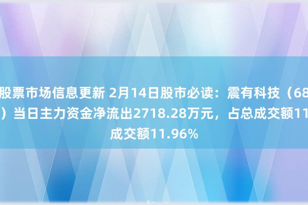 股票市场信息更新 2月14日股市必读：震有科技（688418）当日主力资金净流出2718.28万元，占总成交额11.96%