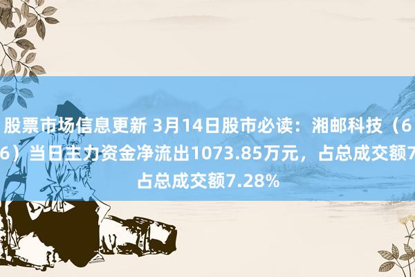 股票市场信息更新 3月14日股市必读：湘邮科技（600476）当日主力资金净流出1073.85万元，占总成交额7.28%